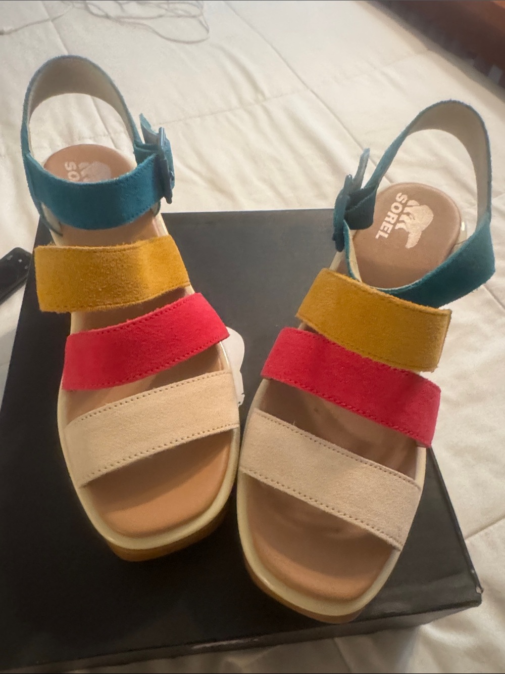 Sorel Women's Multicolor Suede Strap Sandals - Teal, Mustard, Red, Cream